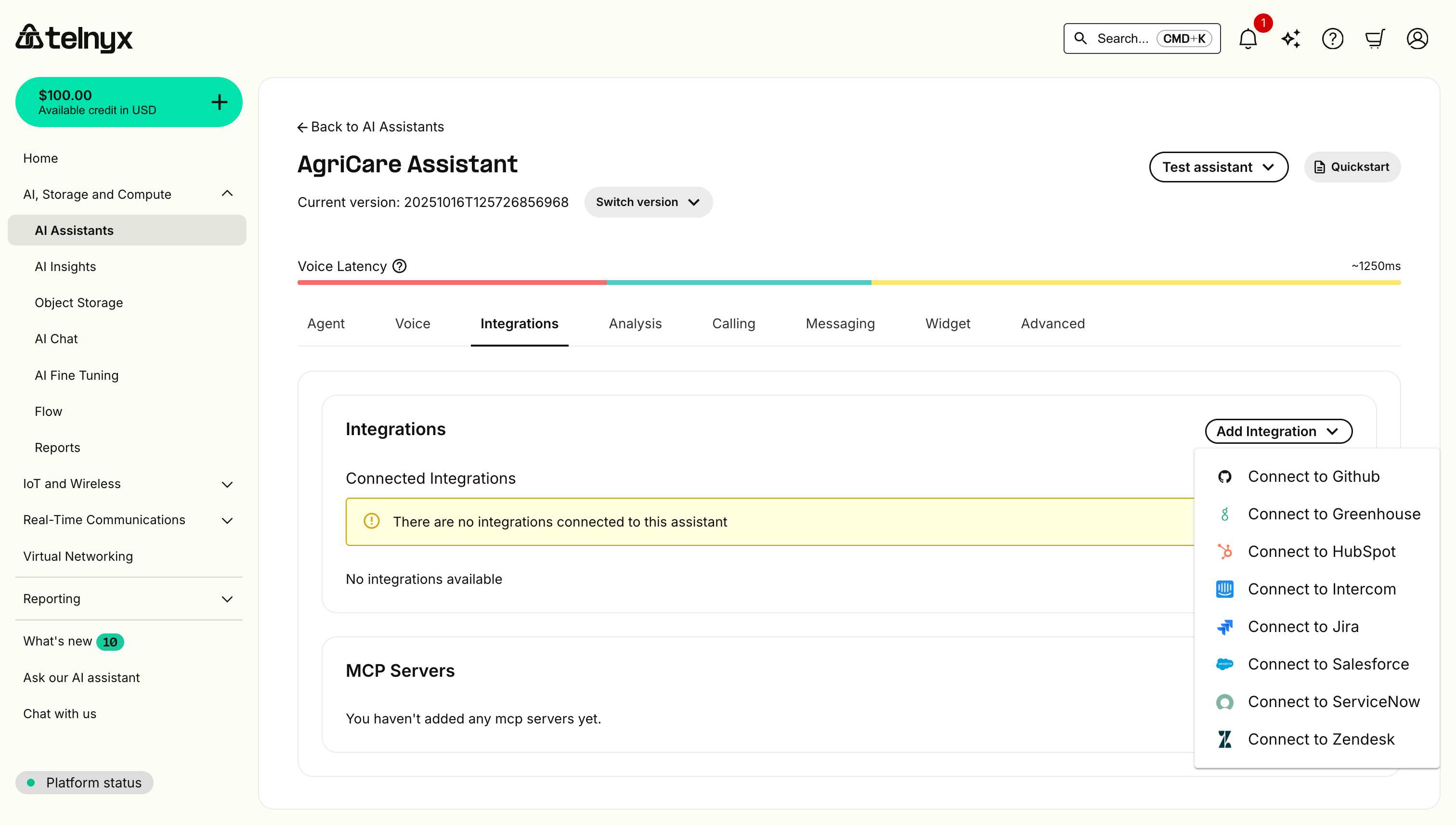Mission Control Portal showing Add Integration dropdown with available platforms including GitHub, Greenhouse, HubSpot, Intercom, Jira, Salesforce, and Zendesk