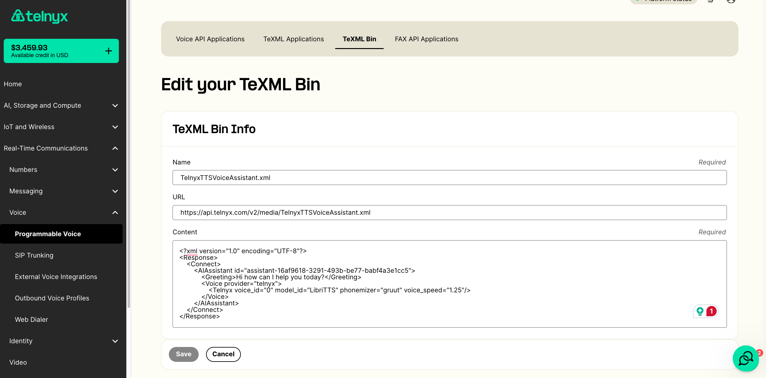 TeXML Bin Portal Config