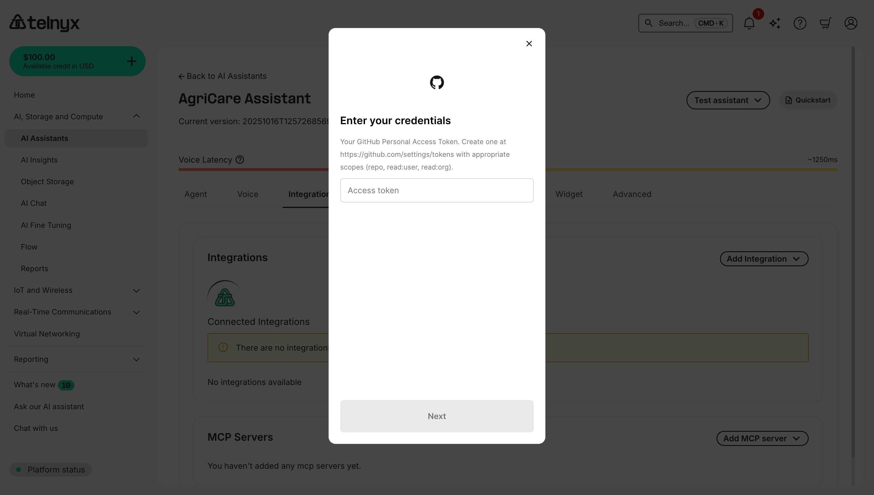GitHub integration credentials dialog showing Personal Access Token input field
