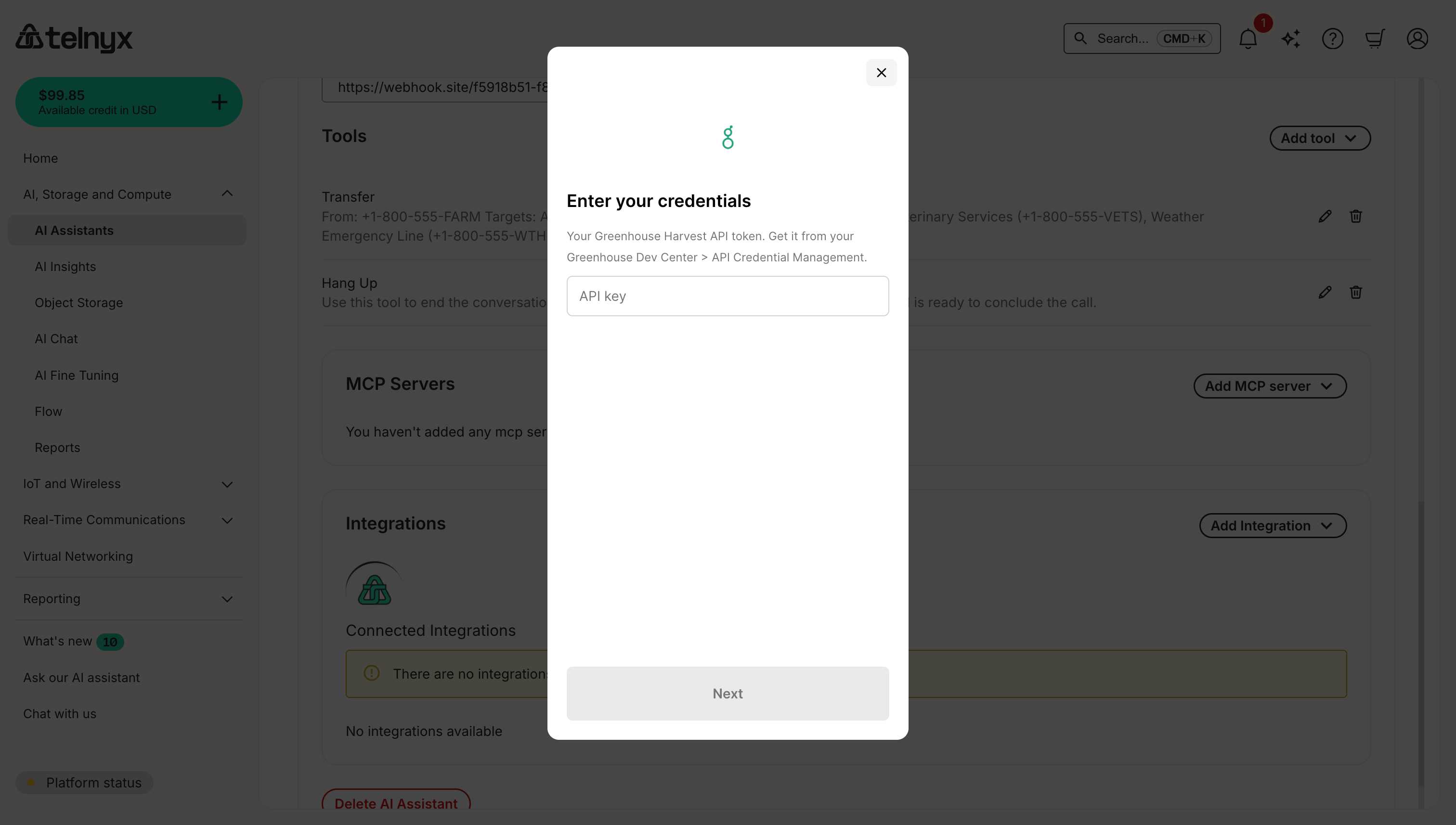 Greenhouse integration credentials dialog showing API Key input field