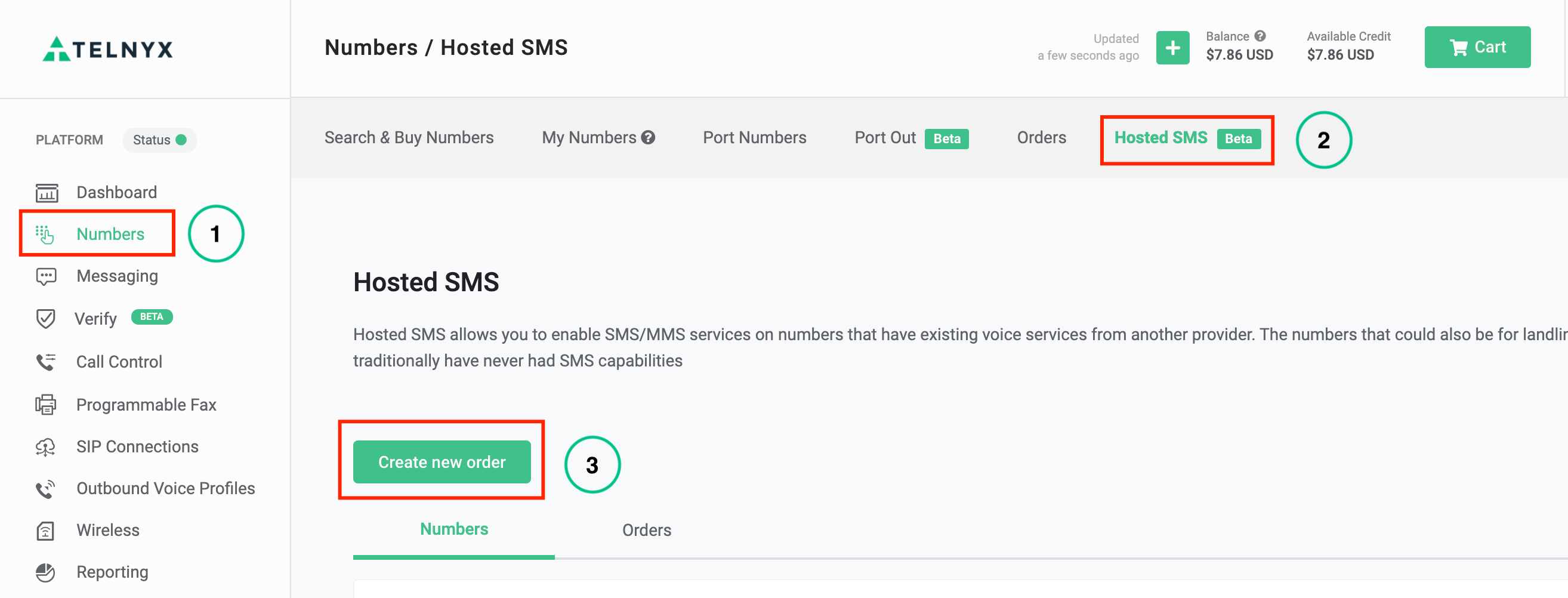 new hosted sms order