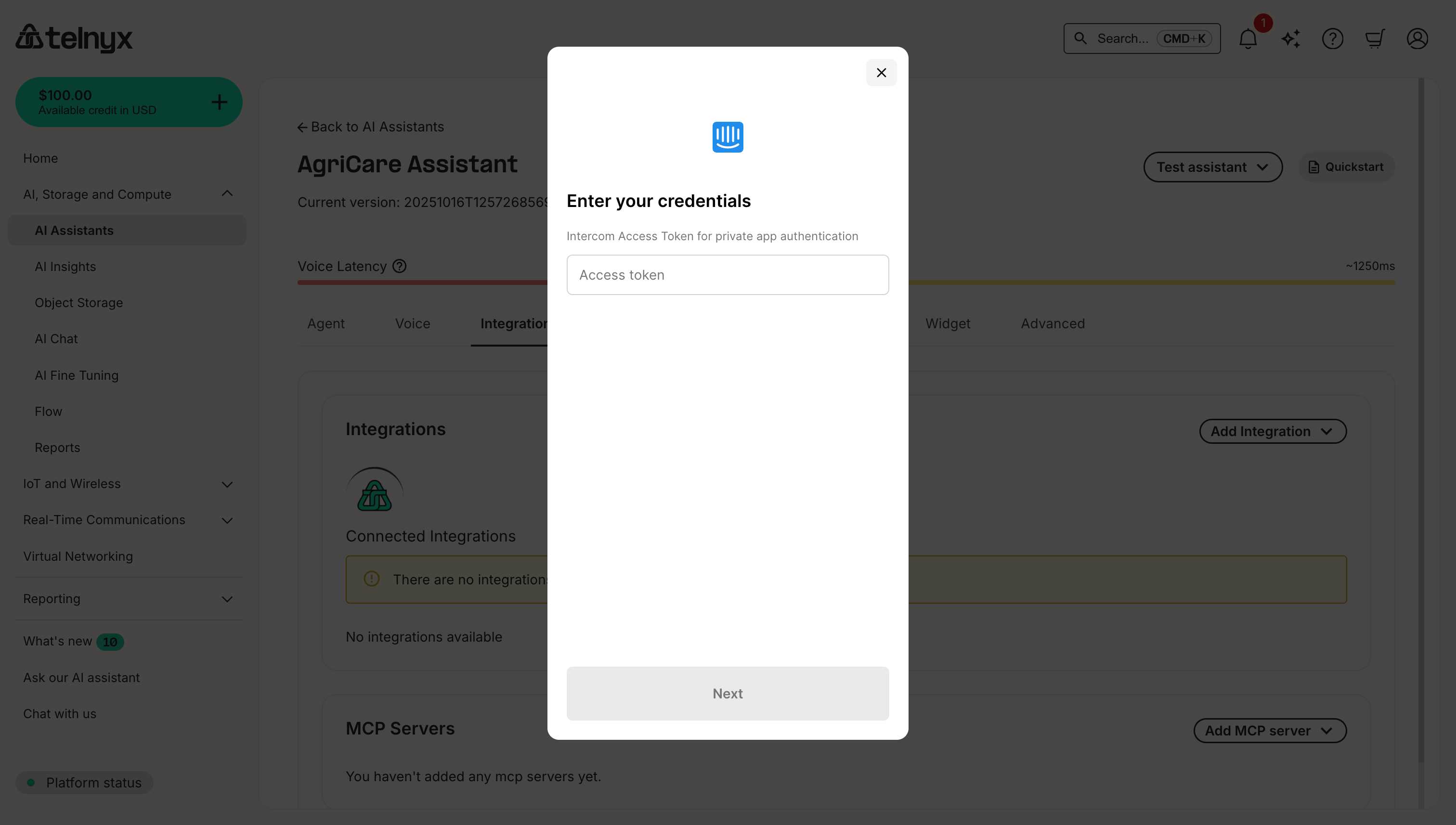 Intercom integration credentials dialog showing Access Token input field