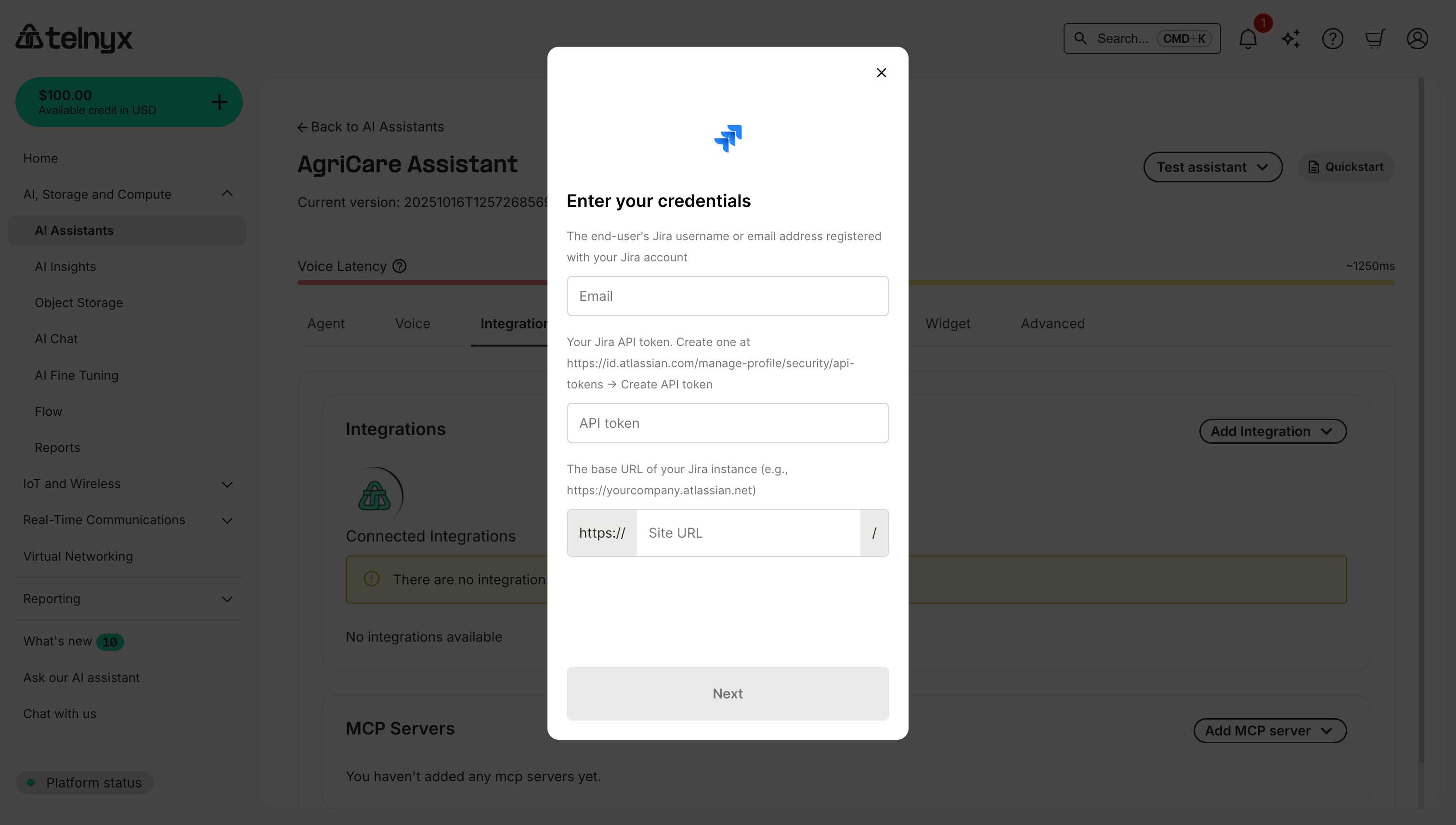 Jira integration credentials dialog showing Email, API token, and Site URL input fields
