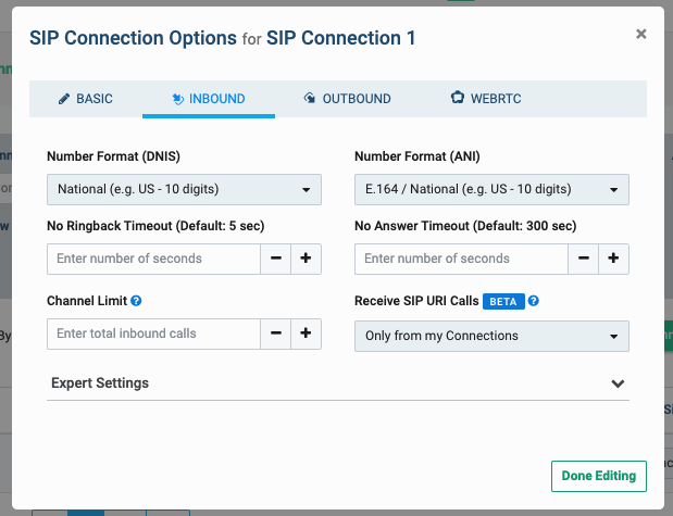 Enabled receiving inbound calls from a SIP destination