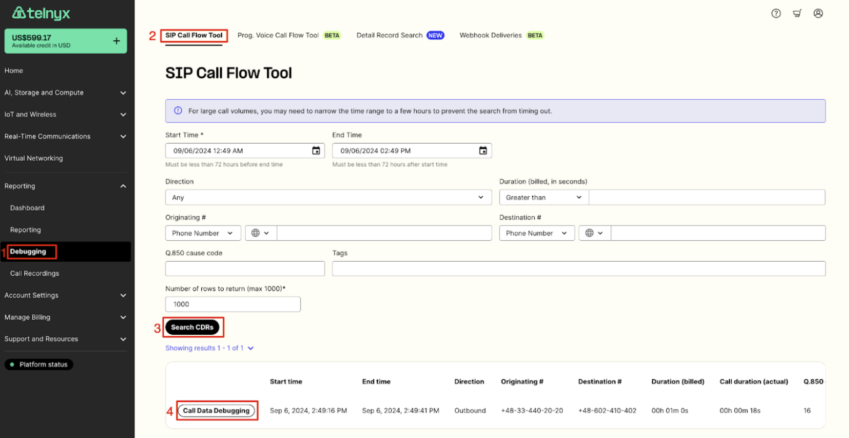 Debugging SIP Call Flow Tool in the Mission Control Portal