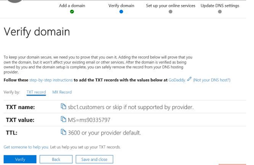 Verifying the subdomain in MS Teams