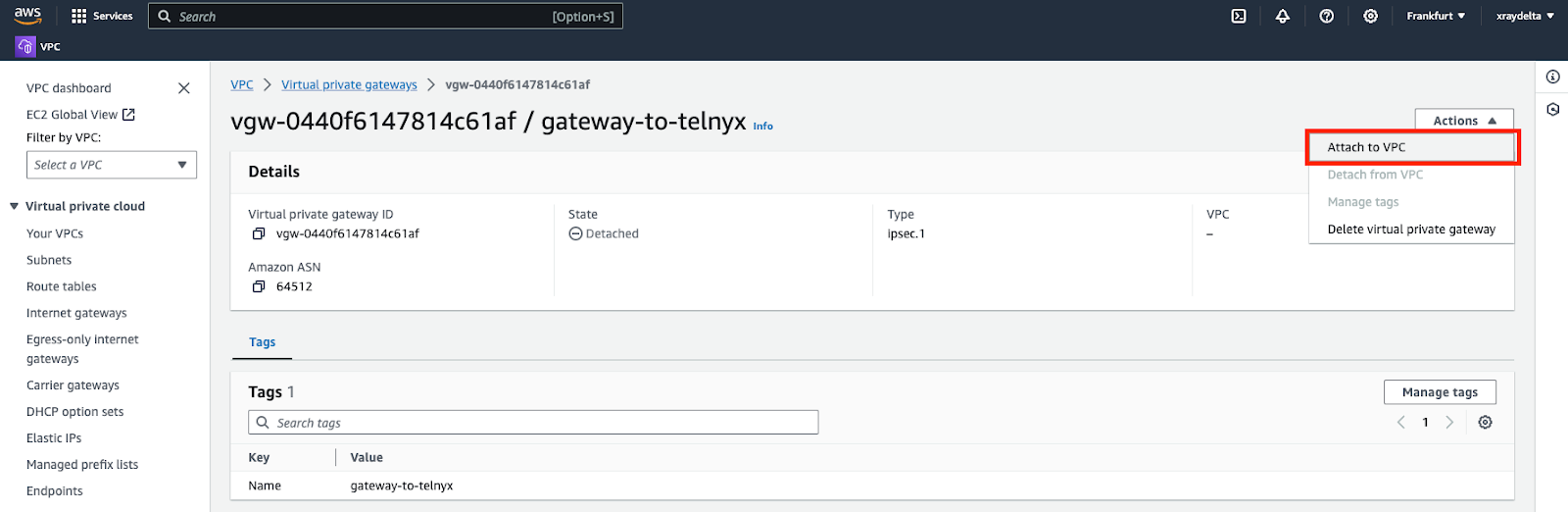 AWS Attach Virtual Private Gateway