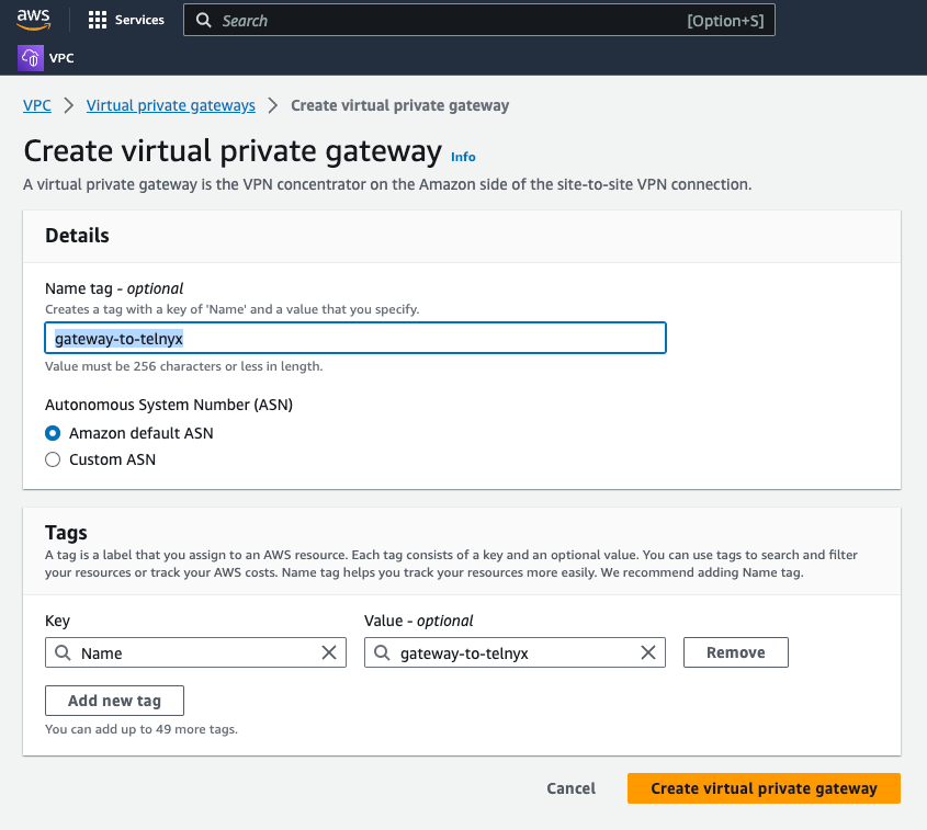 AWS Create Virtual Private Gateway