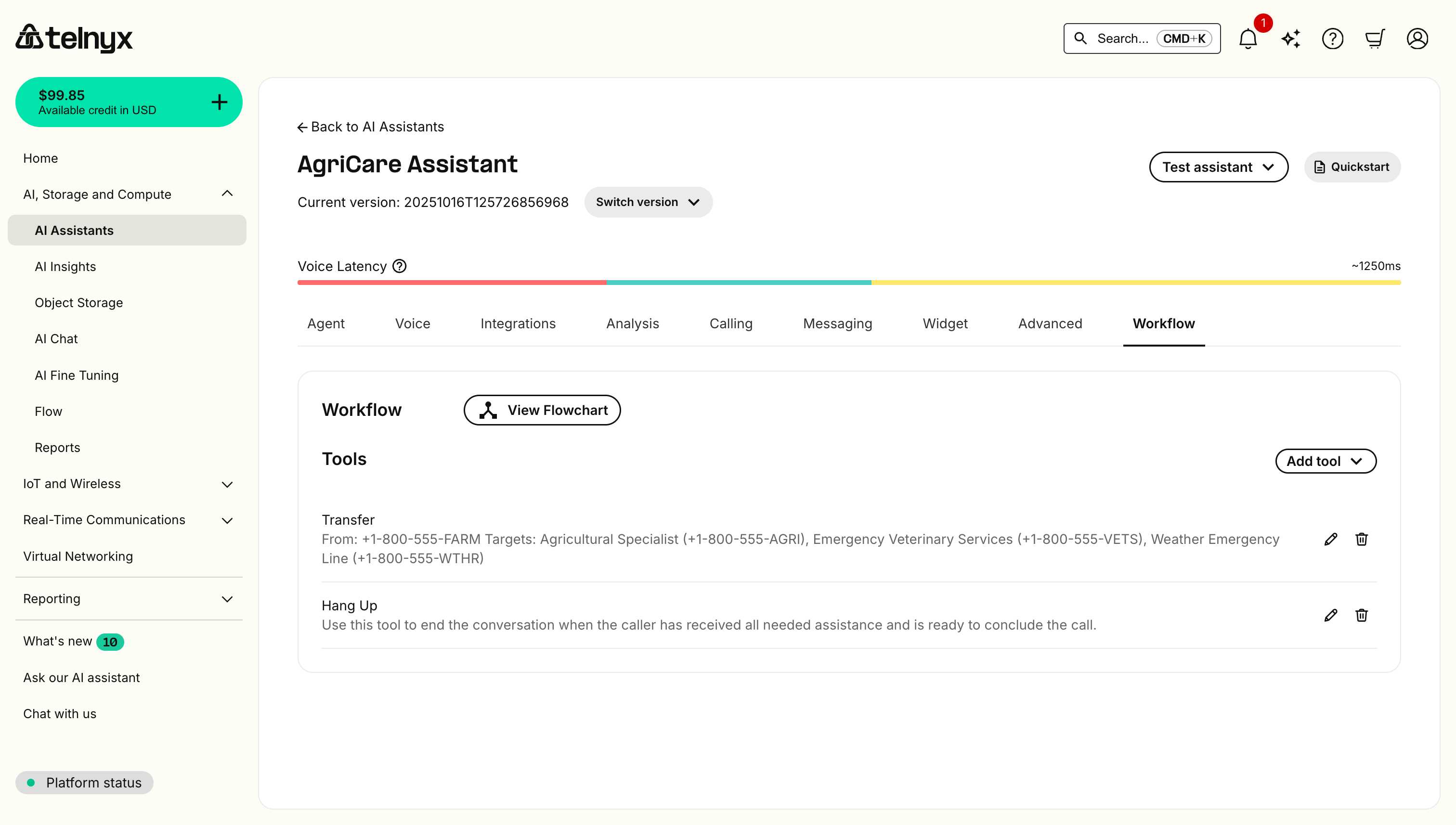 Workflow tab showing Tools section with configured tools and View Flowchart button