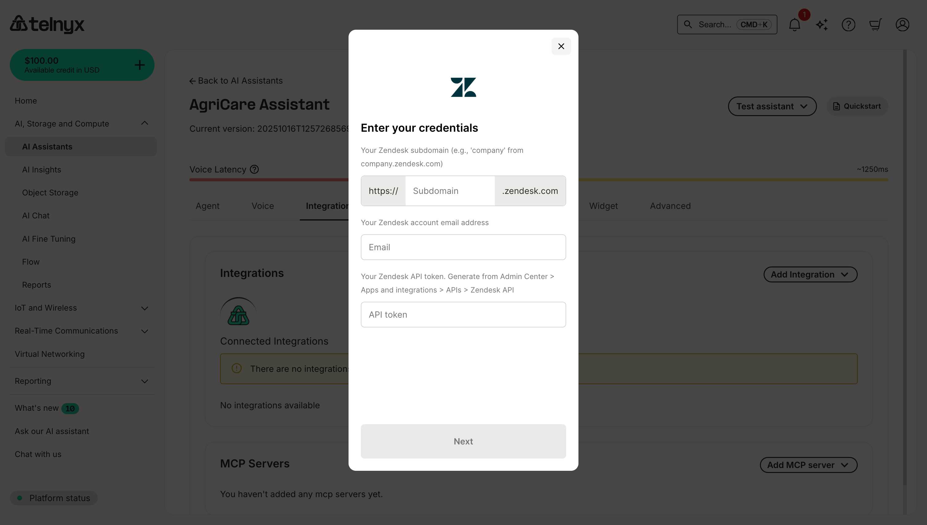 Zendesk integration credentials dialog showing Subdomain, Email, and API token input fields
